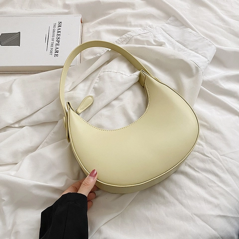 Bolso De Hombro De Media Luna Minimalista Cuero Sintético Color Sólido Retro Hobo Para Mujeres Con Hebilla Redonda