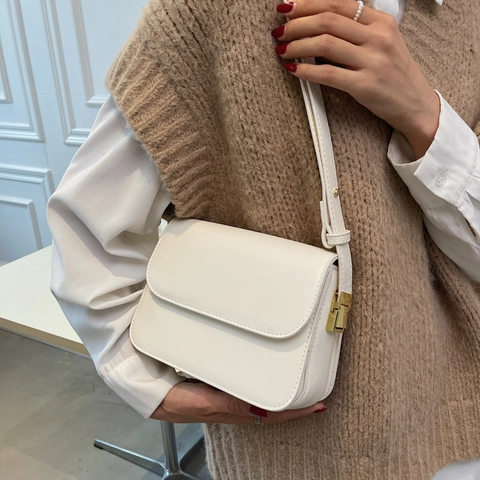 Small Square Shoulder Bag PU Leather Flap Magnetic Closure Adjustable Strap Minimalist Retro Style Women