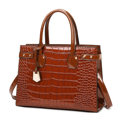 Krokodilmuster Handtasche Damen Große Kapazität Glänzendes PU Leder Tote Umhängetasche Business Goldene Hardware