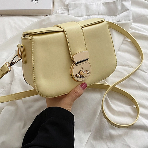 Bolso Bandolera De Mujer De Cuero PU Minimalista Elegante Color Sólido Con Hebilla Redonda Dorada Correa Ajustable