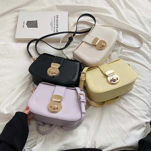 Bolso Bandolera De Mujer De Cuero PU Minimalista Elegante Color Sólido Con Hebilla Redonda Dorada Correa Ajustable