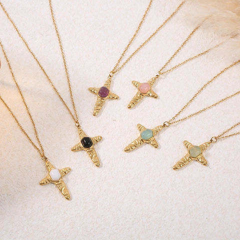 Collana Con Ciondolo A Croce Retro Pietra Naturale Acciaio Inossidabile Texture Martellata Gioielli Catena Clavicola