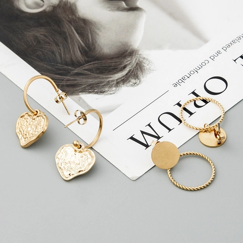 Stainless Steel Gold Earrings Heart Hammered Geometric Twisted Ring Studs Retro French Minimalist Jewelry For Women