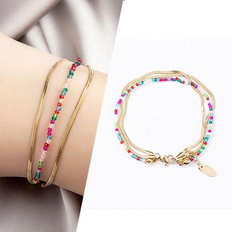 Bracelet Multi-Rangs Pour Femme Acier Inoxydable Or Chaîne Serpent Perles De Rocaille Colorées Style Bohème Ethnique