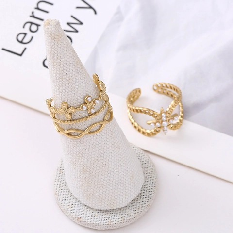 Anello Aperto In Acciaio Inossidabile Per Donna Design A Stella Floreale Cavo Multistrato Perla Artificial Placcato Oro Regolabile