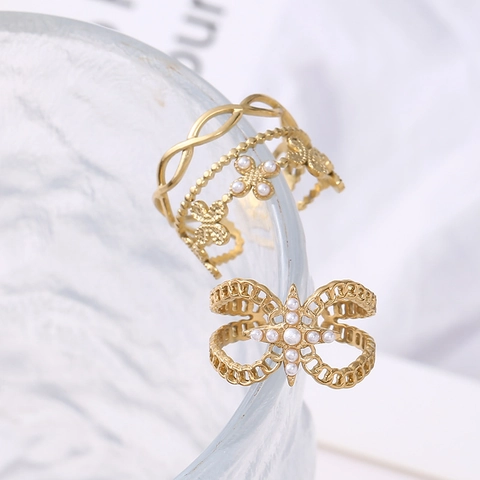 Anello Aperto In Acciaio Inossidabile Per Donna Design A Stella Floreale Cavo Multistrato Perla Artificial Placcato Oro Regolabile