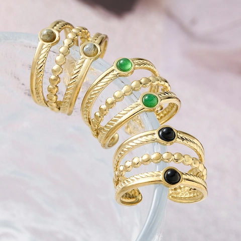 Verstellbarer Offener Ring Mehrlagig Vergoldeter Edelstahl Mit Naturstein Retro Vintage Wasserfest Schmuck