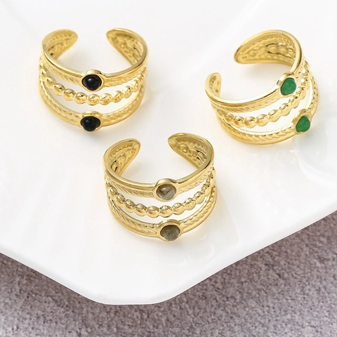 Verstellbarer Offener Ring Mehrlagig Vergoldeter Edelstahl Mit Naturstein Retro Vintage Wasserfest Schmuck