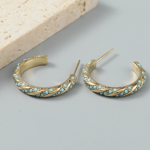 Orecchini A Cerchio In Acciaio Inossidabile Placcato Oro Design A Corda Intrecciata Con Pietre Blu Gioielli Bohemian Per Donna