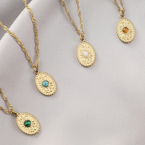 Ovale Hanger Ketting Roestvrij Staal Natuursteen Verguld Zonnestraal Vintage Sieraden Voor Dames Minimalistische Stijl