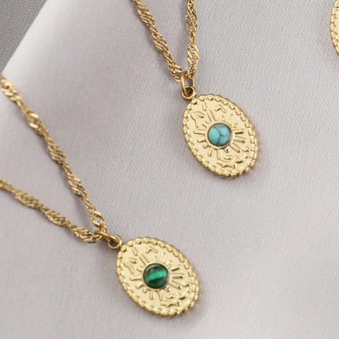 Ovale Hanger Ketting Roestvrij Staal Natuursteen Verguld Zonnestraal Vintage Sieraden Voor Dames Minimalistische Stijl