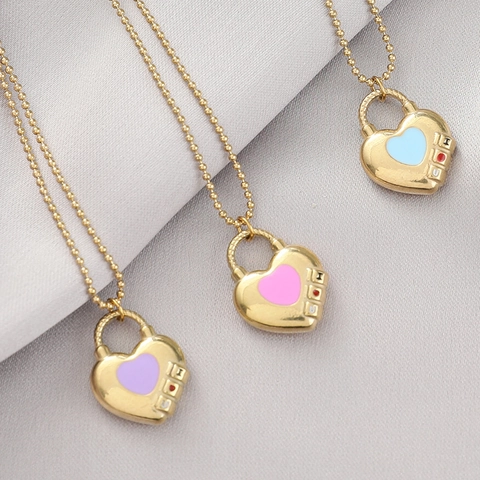 Collar Colgante Candado Corazón Acero Inoxidable Esmalte Grabado I Love You Cadena De Bolas Joyería Romántica Mujer