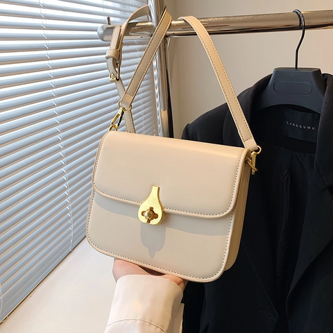 Women PU Leather Small Square Crossbody Bag Retro Minimalist Flap Shoulder Purse With Golden Waterdrop Lock Adjustable Strap