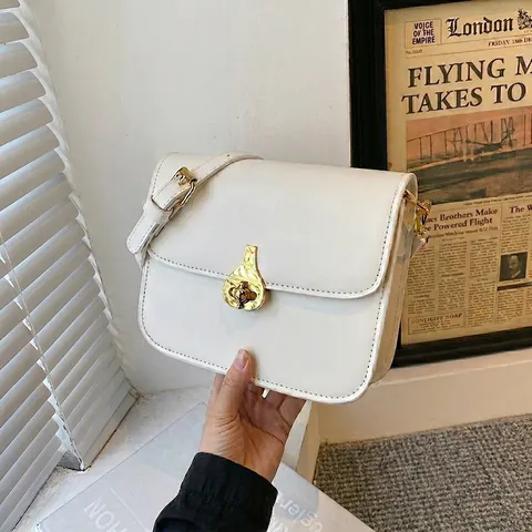 Women PU Leather Small Square Crossbody Bag Retro Minimalist Flap Shoulder Purse With Golden Waterdrop Lock Adjustable Strap