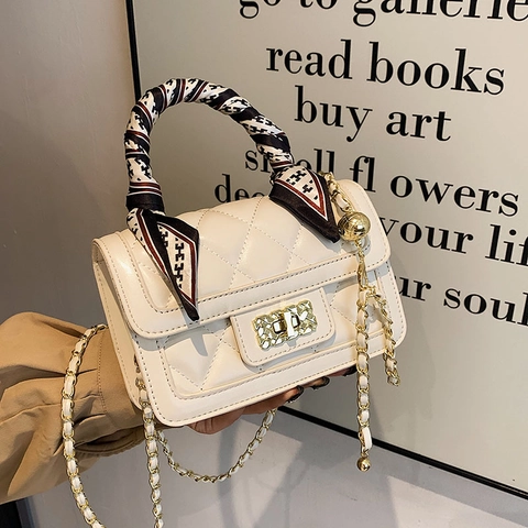 Gesteppte PU Leder Umhängetasche Im Rautenmuster Vintage Elegante Handtasche Mit Satinnschal Griff Und Kettenriemen
