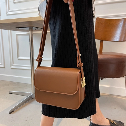 Small Square Shoulder Bag PU Leather Flap Magnetic Closure Adjustable Strap Minimalist Retro Style Women