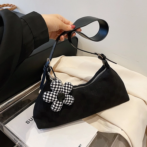 Borsa Sottobraccio Chic Da Donna Borsa A Spalla Minimalista In Tela Con Trama A Scacchi E Ciondolo Floreale Borsa Hobo