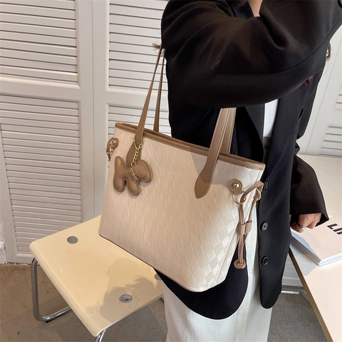 Women Shoulder Tote Bag Large Capacity PU Leather Lattice Diamond Pattern Korean Style Fashionable Commute Handbag