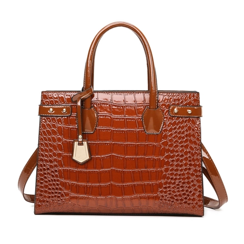 Krokodilmuster Handtasche Damen Große Kapazität Glänzendes PU Leder Tote Umhängetasche Business Goldene Hardware