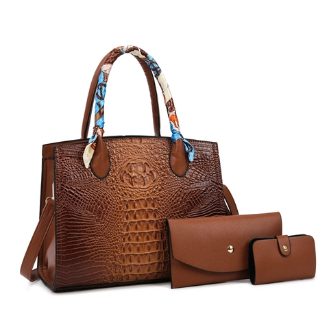 Bolso de Hombro de Cuero PU con Patrón de Cocodrilo Bolso Tote Y Bolso de Mano de Sobre Y Cartera Pequeña con Pañuelo de Seda para Mujer Elegante Oficina