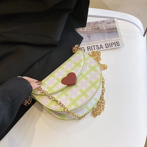 Borsa Tracolla Donna Motivo A Quadri Fibbia A Cuore Catena Dorata Semicircolare Sella Stile Dolce Pelle PU