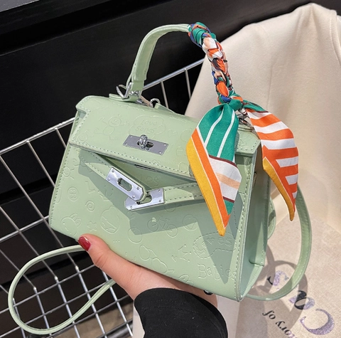 Women PU Leather Cartoon Embossed Shoulder Crossbody Bag With Decorative Satin Scarf Handle Metal Lock Retro Style