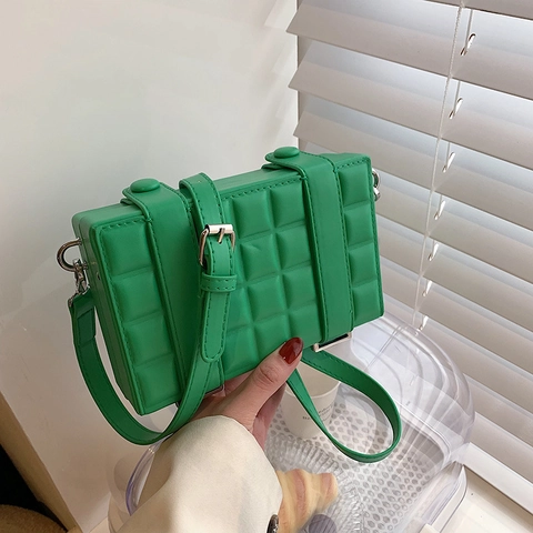 Women Small Square Crossbody Bag PU Leather Quilted Plaid Design Adjustable Strap Solid Color Fashion Box Shoulder Bag