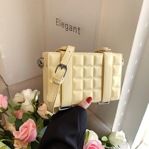 Women Small Square Crossbody Bag PU Leather Quilted Plaid Design Adjustable Strap Solid Color Fashion Box Shoulder Bag