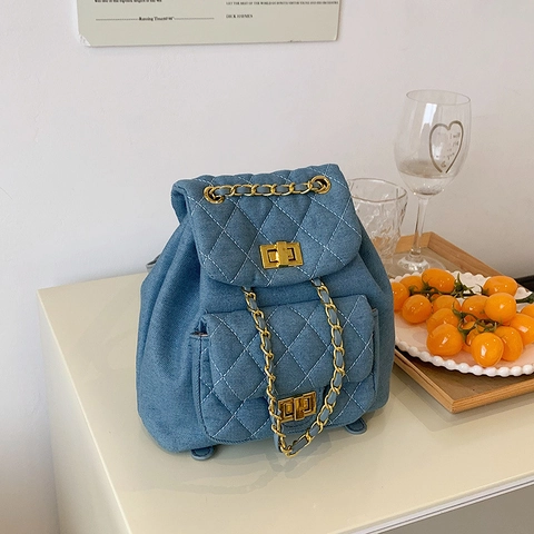 Μίνι Σακίδιο Πλάτης Denim Καπιτονέ Σχέδιο Ρόμβου Με Μεταλλική Αλυσίδα Περιστρεφόμενο Κλείδωμα Vintage Για Γυναίκες
