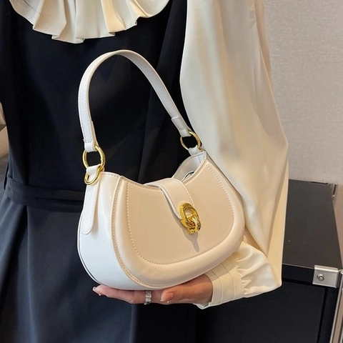 Crescent Shoulder Bag PU Leather Gold Hardware Metal Lock Solid Color Hobo Handbag Adjustable Strap For Women Fashion Accessory