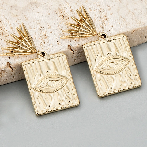 Evil Eye Rechthoekige Hanger Oorbellen Roestvrij Staal Verguld Reliëf Retro Boheemse Stijl Sieraden Voor Vrouwen