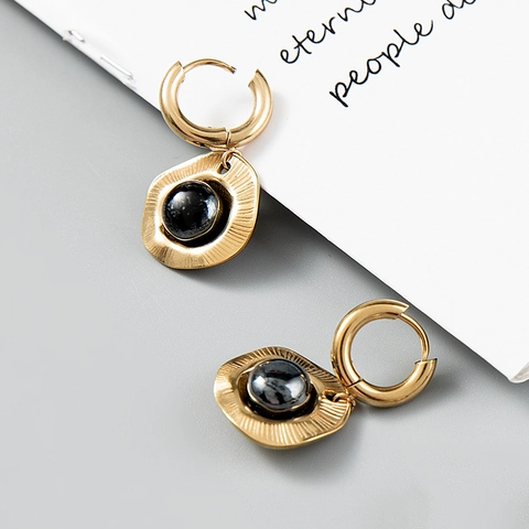 Retro 18K Gold Plated Stainless Steel Hoop Earrings With Irregular Wave Round Disc Natural Stone Bead For Women Light Luxury