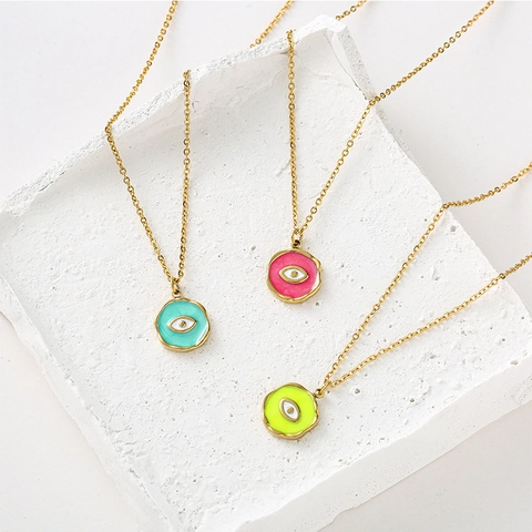 Evil Eye Anhänger Halskette Edelstahl Emaille Öltropfen Unregelmäßig Rund Boho Vergoldet Mode Schmuck Für Damen