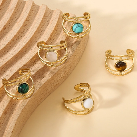 Hollow Multi Layer Open Ring Stainless Steel With Round Stone Inlay Hammered Texture Vintage Bohemian Jewelry For Women