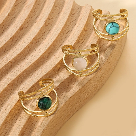 Hollow Multi Layer Open Ring Stainless Steel With Round Stone Inlay Hammered Texture Vintage Bohemian Jewelry For Women