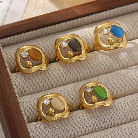 Onregelmatige Geometrische Ring Roestvrij Staal Kattenoogsteen Strass 14K Verguld Verstelbaar Open Vingersieraad Dames Vintage Stijl