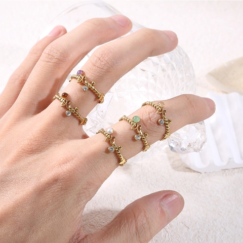 Anillos Ajustables Mariposa Acero Inoxidable Chapado En Oro Vintage Piedra Preciosa Colorida Perla Artificial Zircón Joyería Lujo Mujeres