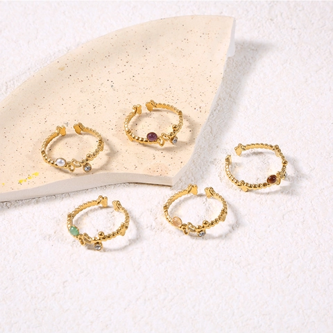 Anillos Ajustables Mariposa Acero Inoxidable Chapado En Oro Vintage Piedra Preciosa Colorida Perla Artificial Zircón Joyería Lujo Mujeres