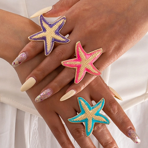 Starfish Ring Alloy Enamel Drip Oil Ocean Beach Vacation Bohemian Tropical Statement Jewelry For Women