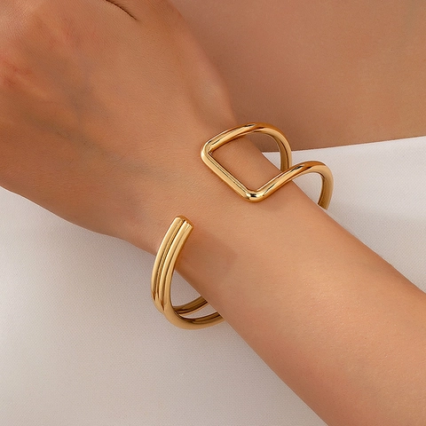 Brazalete Geométrico Minimalista De Doble Capa Aleación Brazalete Abierto Joyería De Moda Para Hombres Mujeres Color Dorado