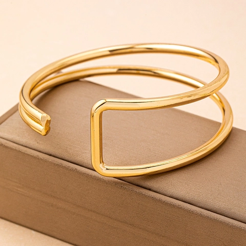 Brazalete Geométrico Minimalista De Doble Capa Aleación Brazalete Abierto Joyería De Moda Para Hombres Mujeres Color Dorado