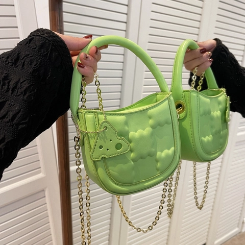 Mini Handbag For Women PU Leather Shoulder Crossbody Bag Quilted Biscuit Texture Metal Chain And Cute Charm Trendy Chic
