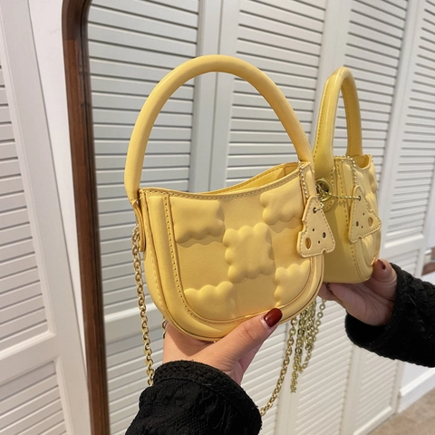 Mini Handbag For Women PU Leather Shoulder Crossbody Bag Quilted Biscuit Texture Metal Chain And Cute Charm Trendy Chic