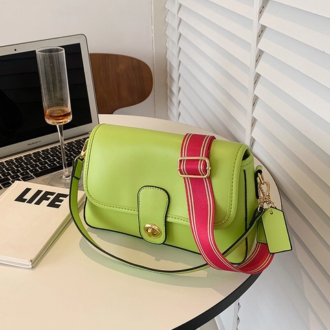 Women PU Leather Crossbody Bag Fashion Flap Shoulder Bag With Wide Striped Strap And Metal Twist Lock Versatile Minimalist