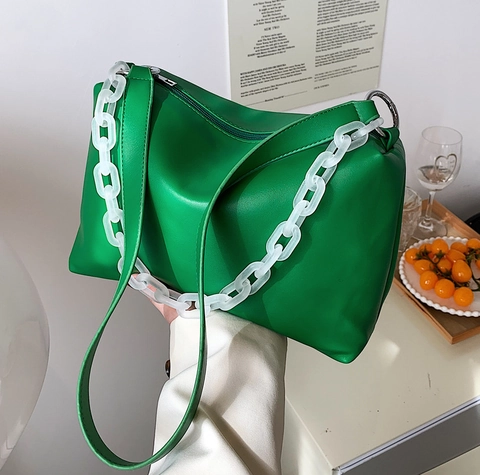 Fashion Women Shoulder Bag PU Leather With Acrylic Chain Underarm Bag Minimalist Solid Color Casual Chic Handbag