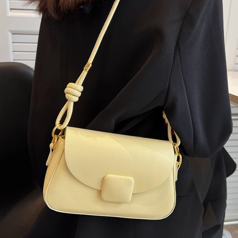PU Leather Shoulder Bag Crossbody For Women Square Buckle Flap Closure Knot Strap Detail Fashionable Elegant Daily Wear