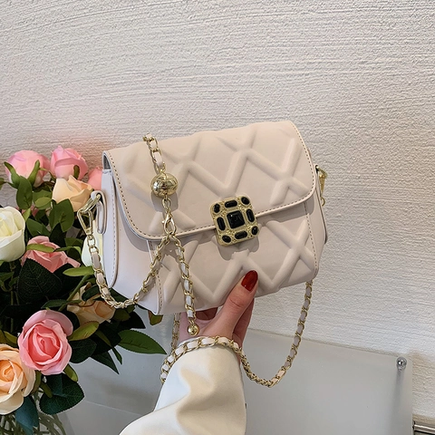 Stepptasche Rautenmuster PU-Leder Umhängetasche Goldkette Verstellbarer Riemen Elegante Schultertasche Für Damen