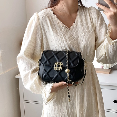Stepptasche Rautenmuster PU-Leder Umhängetasche Goldkette Verstellbarer Riemen Elegante Schultertasche Für Damen