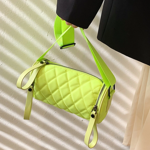 Quilted Nylon Cylinder Shoulder Bag Rhombus Pattern Wide Strap Casual Street Fashion Crossbody Barrel Bag For Women