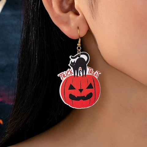 Halloween Pumpkin Black Cat Drop Earrings Acrylic Novelty Trick Or Treat Festive Party Jewelry For Women